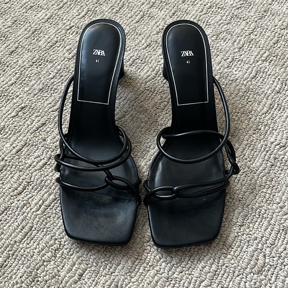 Zara Black Leather Strappy Block Heel Square Toe Mule Sandal Size 41 US 10 - Picture 4 of 11